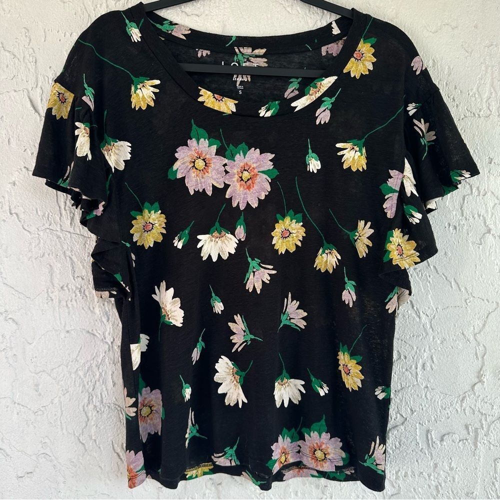 LOFT Tee Shirt Women Small Linen Floral Casual Ruffle Short Sleeve Summer Resort